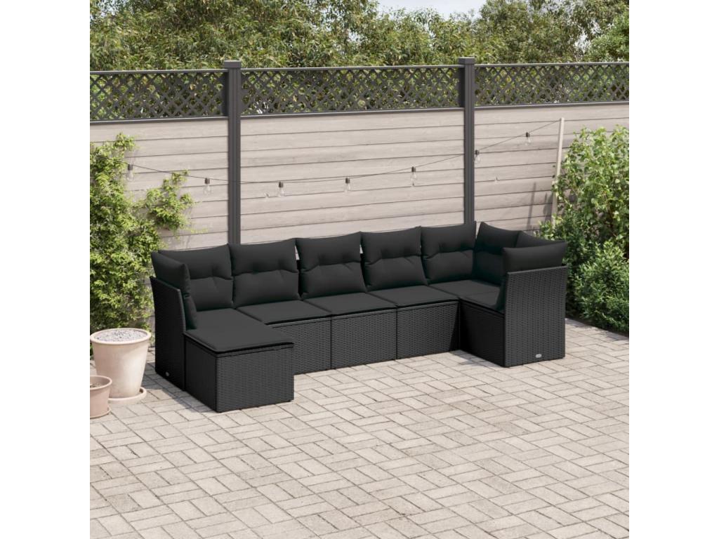 7-piece garden furniture set with cushions, black woven resin CRHC18897