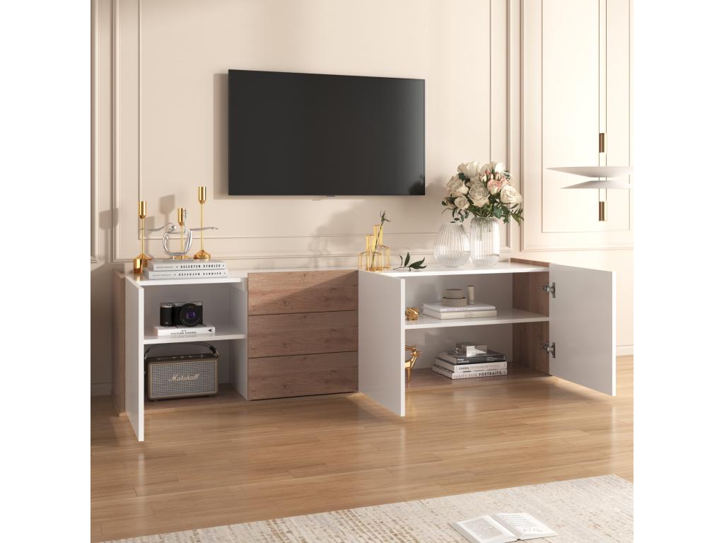 Ventoriq TDYX93244 White and Wood TV Unit with 3 Doors and 3 Drawers, Wall or Floor Mounted