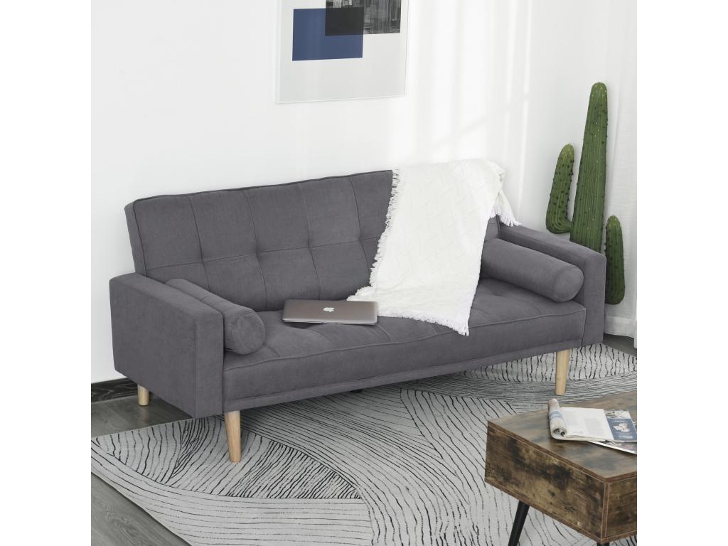 3-seater convertible sofa in Scandinavian design with 3-position reclining backrest, wooden legs, grey linen fabric QHUN76037