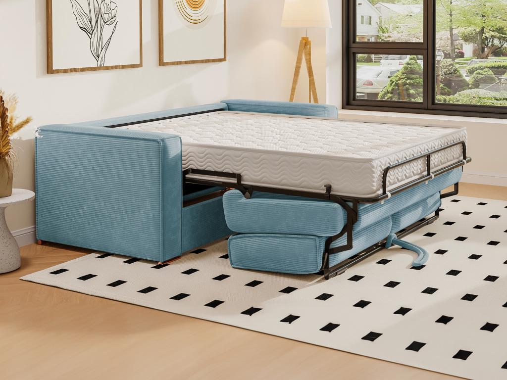 3-seater express convertible sofa in turquoise blue corduroy - Lumenao bed, 140 cm wide - 14 cm Lumenao mattress NLRQ51459