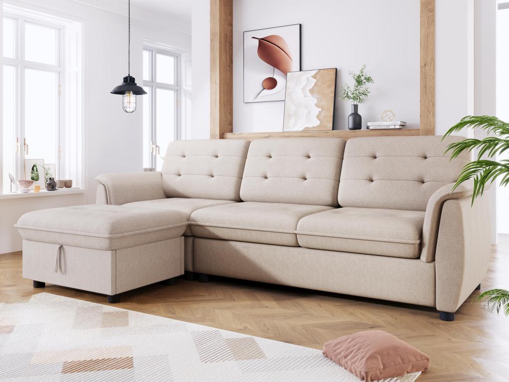 3-seater corner sofa - linen fabric - footstool with storage - Beige CNNC26837