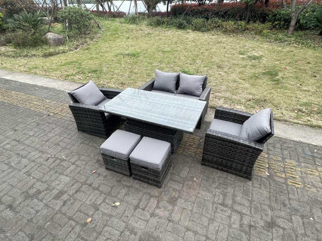 Rattan garden furniture set with height-adjustable dining table, armchair, and stool GTBH62313