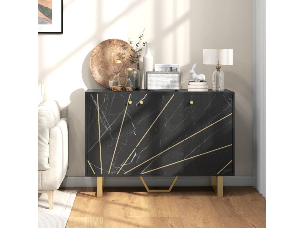 Designer sideboard - 3 doors, 2 shelves - dimensions: 107L x 35W x 75H cm - gold-tone metal with black marble effect EDKN45220
