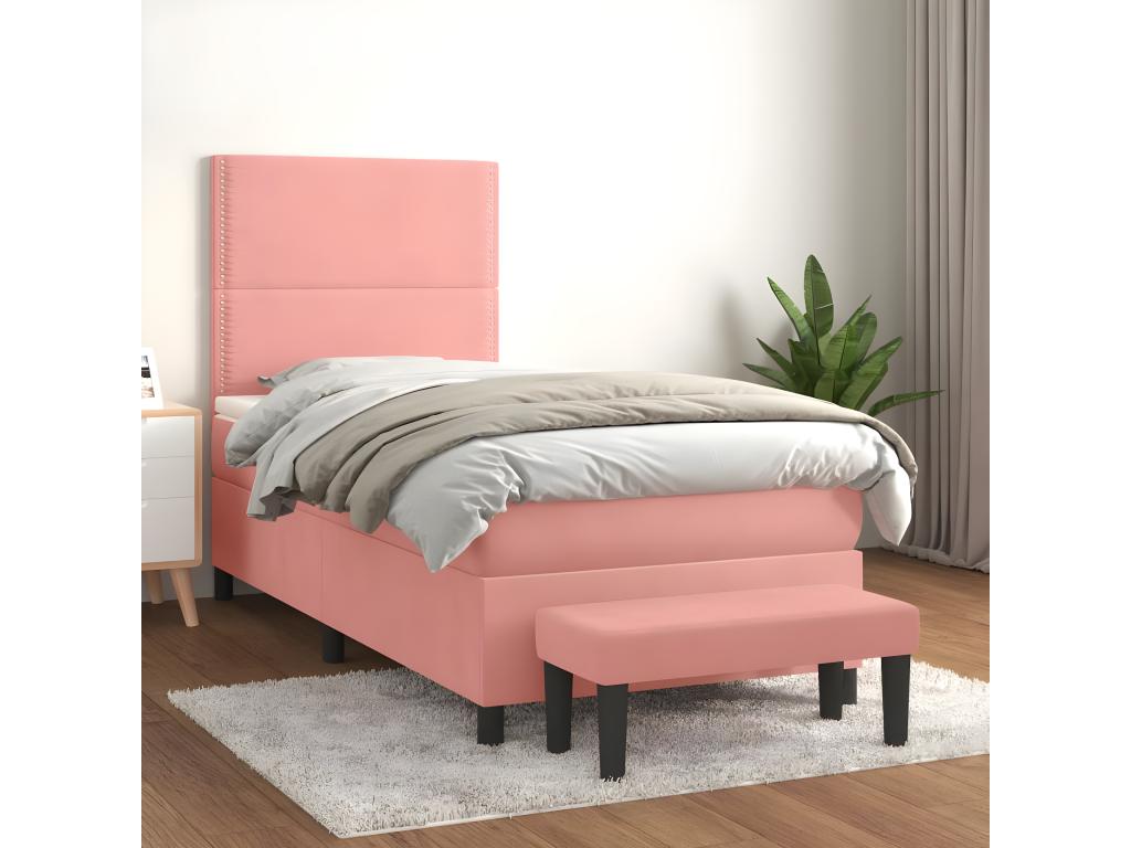 Upholstered bed base with mattress, Pink, 90x190 cm, Velvet, VYTH34284