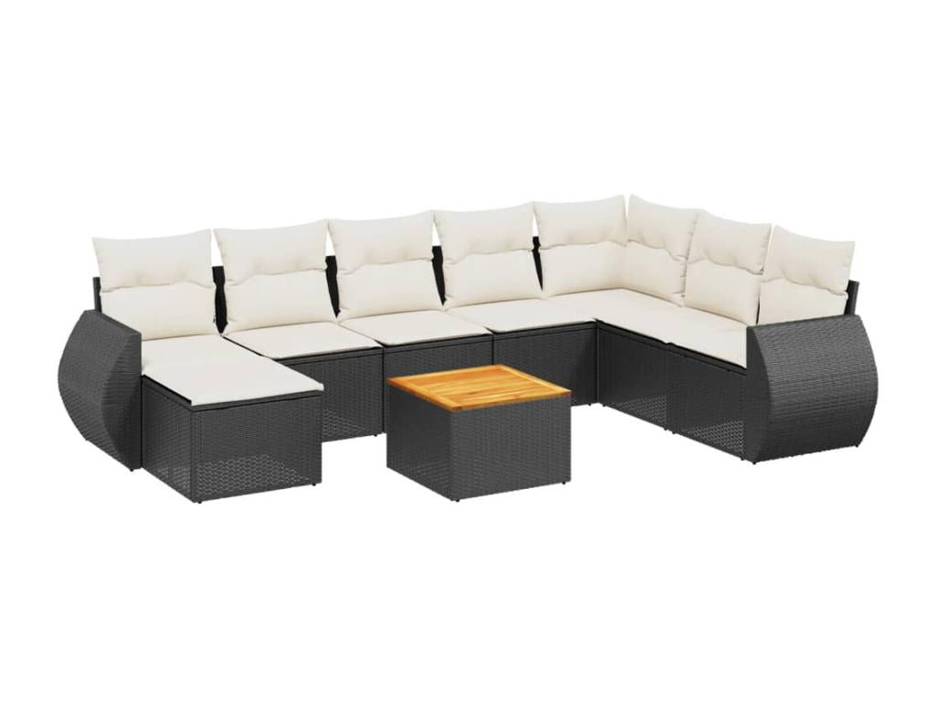 9-piece garden furniture set with cushions, black resin wicker GPVB55608