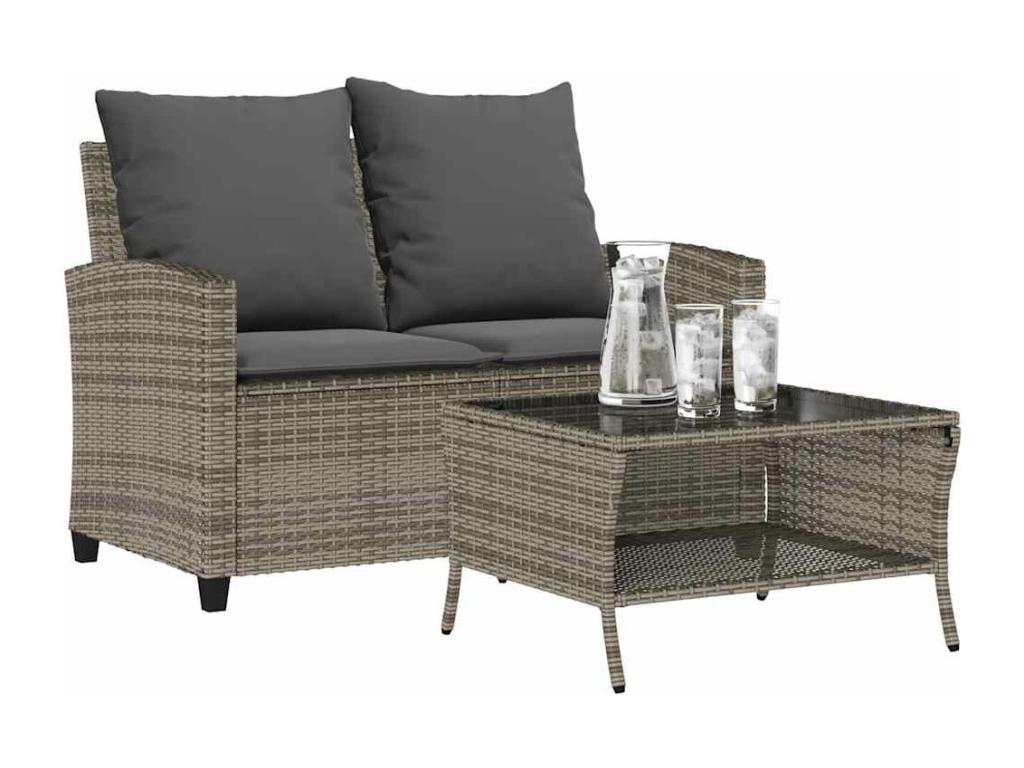 YPME01040 Grey Wicker Resin 2-Seater Garden Sofa with Cushions and Table