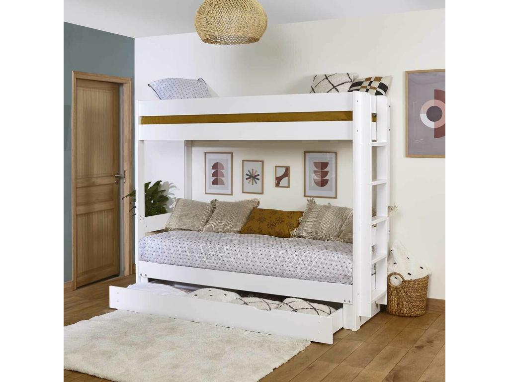 Lumenao LRJE49463 Bunk bed with pull-out bed and drawer, 80x200 cm, solid white wood