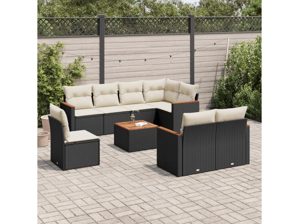 9-piece garden furniture set with cushions, black woven resin IOZR22079