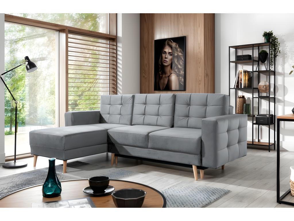 Convertible corner sofa - Lumenao VELVET - in quality fabric, 5-seater grey, left-hand corner (front view) JLOE32281