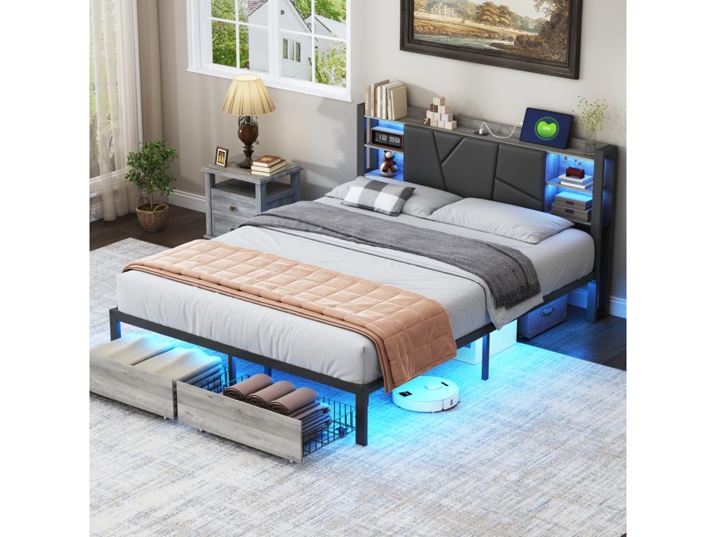160x200 cm bed with USB and 2 drawers, PU upholstered headboard, metal and wood frame, double bed with LED lighting (mattress not included) QPCS03803