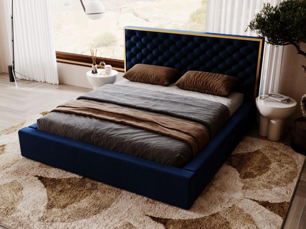 Upholstered bed with storage - 160x200 - double bed - velvet - blue - Lumenao SCIZ27175