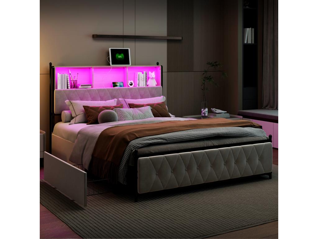 Upholstered adult bed with LED lighting and 2 USB charging ports - 4 drawers, Lumenao slatted base - velvet fabric - 140x200cm - Beige IGDV16521