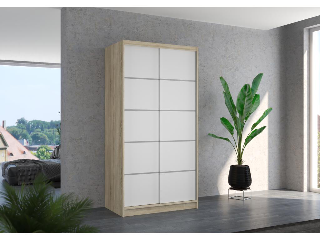 Small natural wood bedroom wardrobe with 2 sliding doors, white, Lumenao, 100cm, NIGJ55425