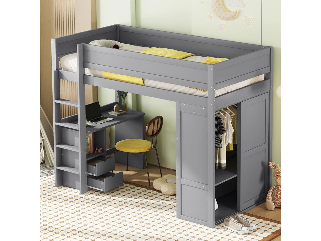Multifunctional grey children's bed 90 x 200cm bunk bed with wardrobe, desk and drawers UGHW76884