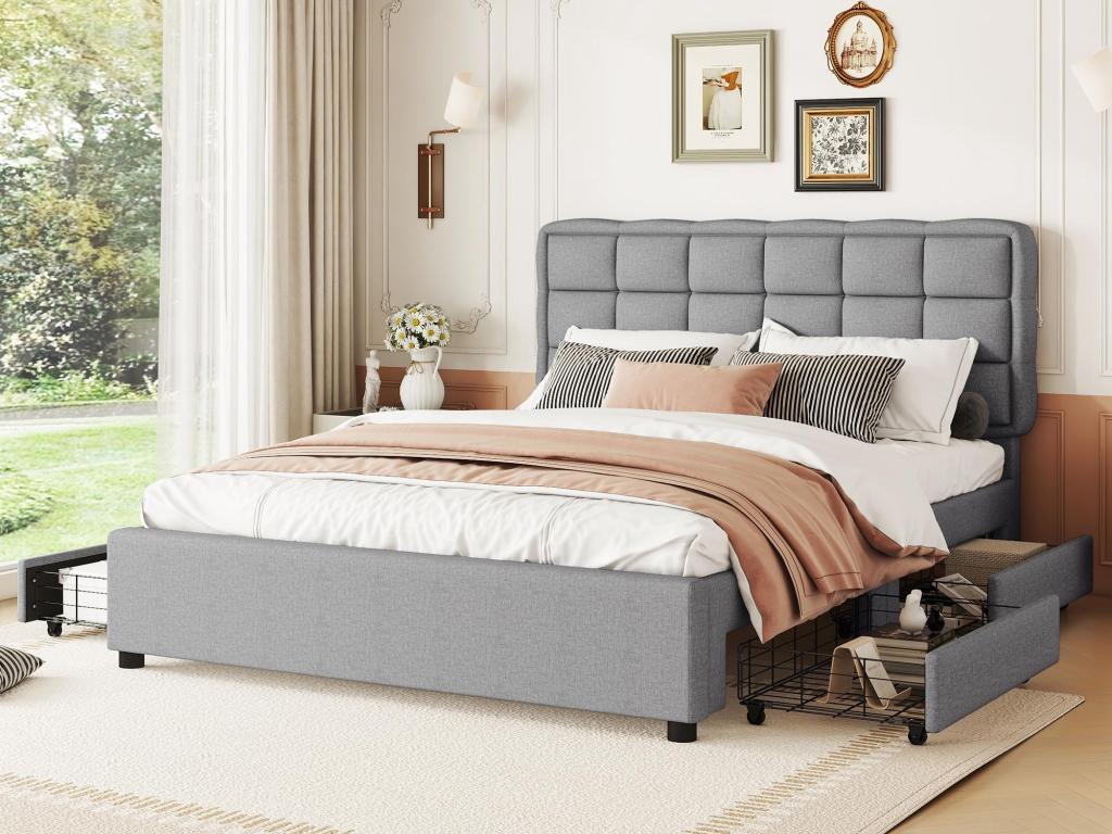 Upholstered linen adult bed 140x200cm - 4 drawers - with Lumenao slatted base - Grey PGJG91874