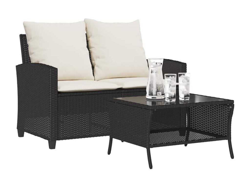 2-seater garden sofa with cushions and black woven resin table DTZQ17088