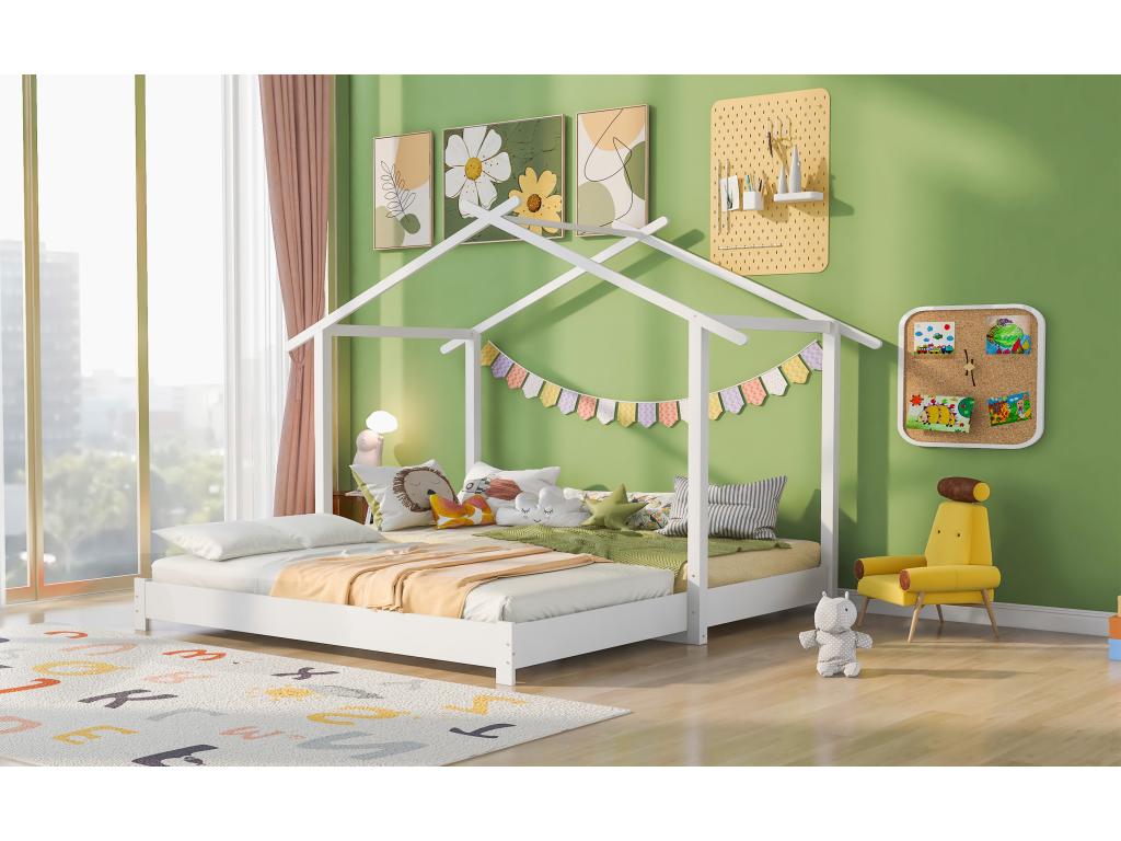 90/180x190cm Trundle Cabin Bed - Children's Wooden Bed, Convertible Single/Double Bed with Slatted Base, White, LXZW47020