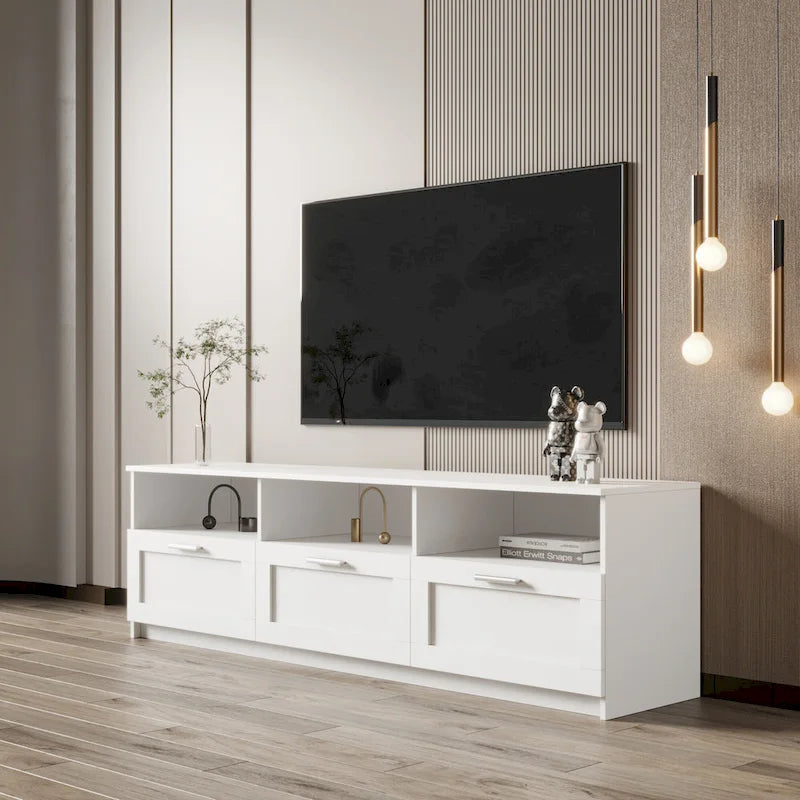 White Modern Minimalist TV Stand Storage Cabinet 3 Drawers For 80 inch - 16.14 x 70.87 x 20.87
