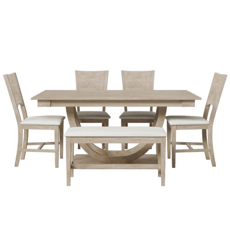 6-Piece Wood Half Round Dining Table Set Kitchen Table Set with Long Bench and 4 Dining Chairs, Modern Style