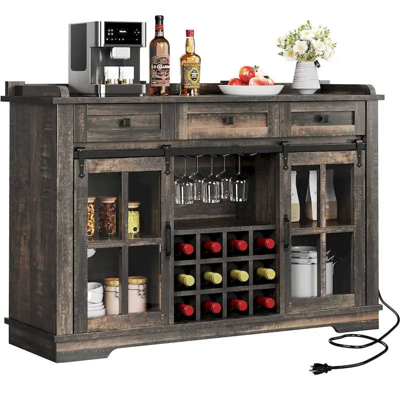 Moasis Sliding Barn Door Wine Bottle Storage with USB Ports and Outlets