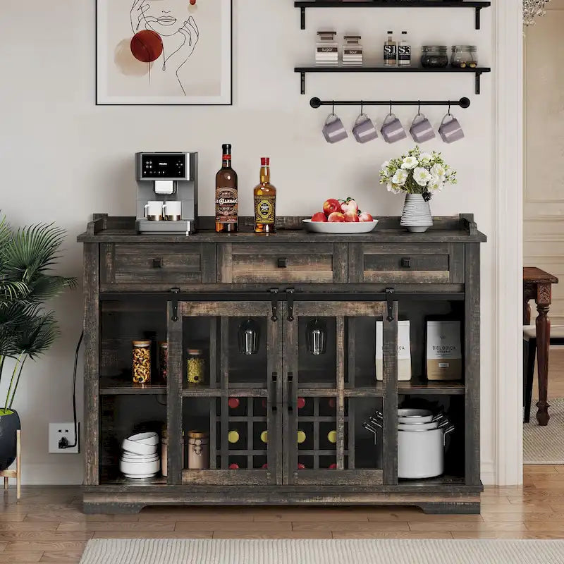 Moasis Sliding Barn Door Wine Bottle Storage with USB Ports and Outlets