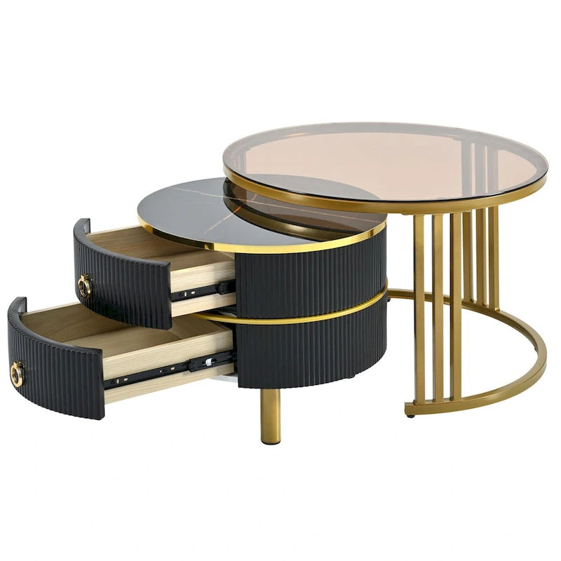 Mieres Modern Stackable Coffee Table, Nesting Coffee Table Set of 2, Side Tables with Brown Tempered Glass Tabletop