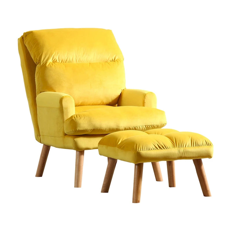 Nina 28 Inch 2 Piece Accent Chair and Ottoman Set, Splayed Legs, Yellow