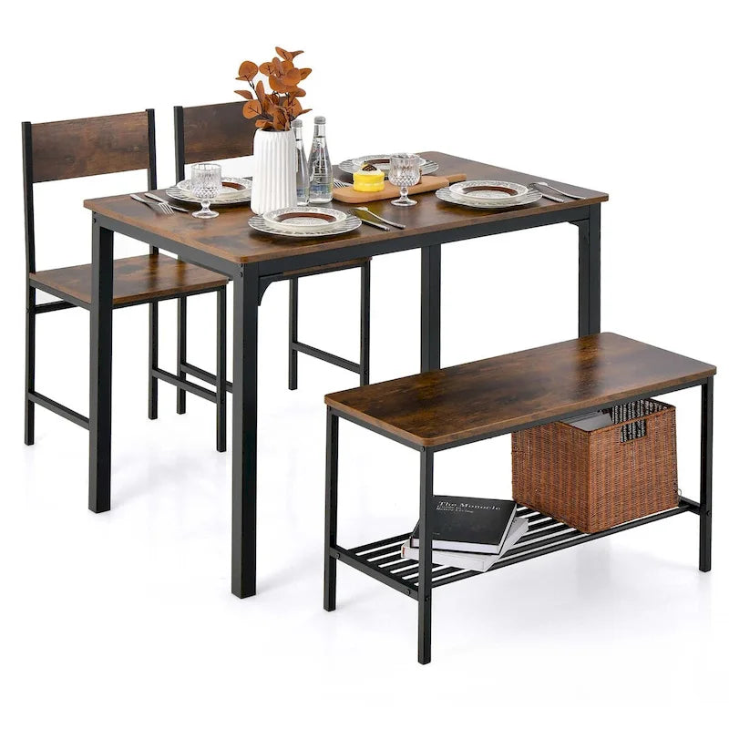 4PCS Dining Table Set Rustic Desk 2 Chairs Bench Storage Rack