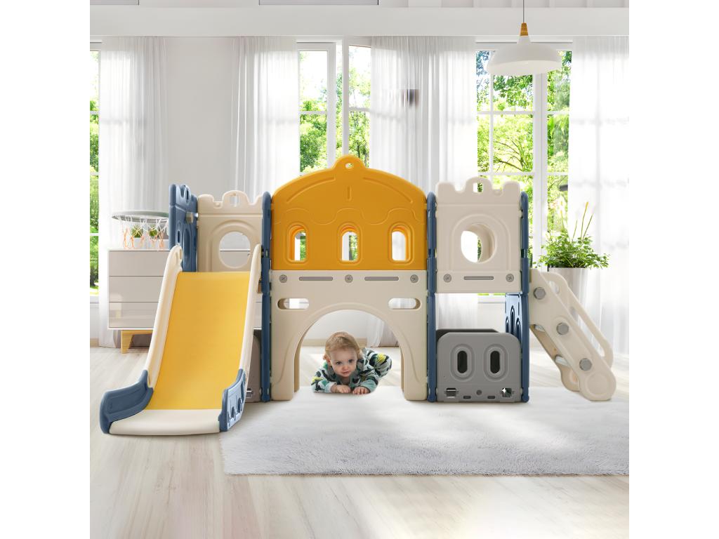 6-in-1 Children's Slide - With basketball hoop, slide, climbing tower, HDPE construction, sea balls not included - Blue RPVB36224