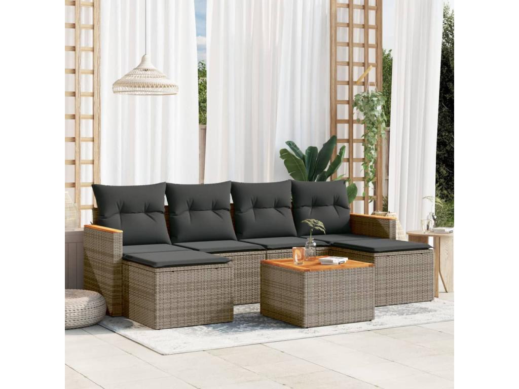 Garden furniture set with cushions, 7 pieces, grey woven resin, PNUO08995