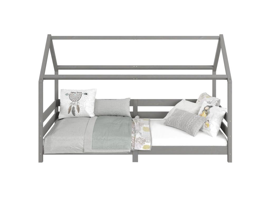 Ventoriq cabin bed, single Montessori children's bed 90x200 cm with safety rails on 3 sides in solid grey pine JUCJ44061
