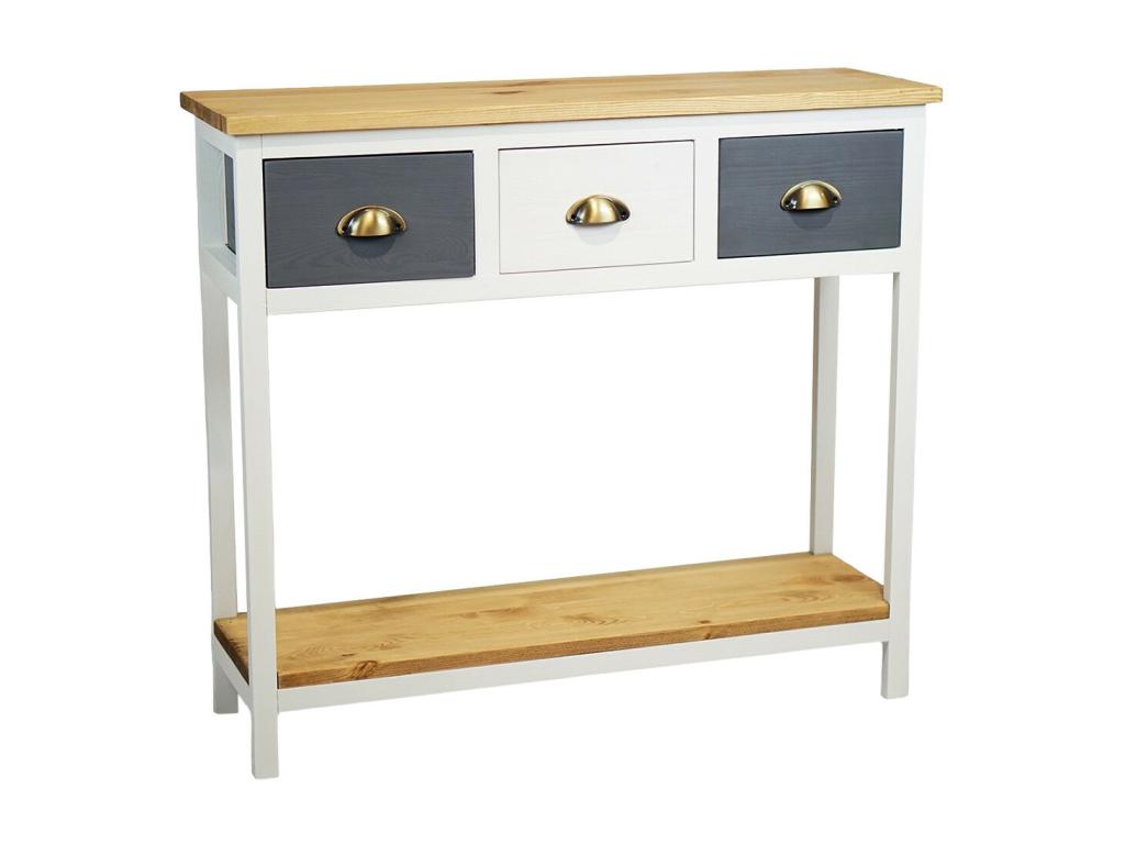 Lumenao - Console Table with 3 Drawers in Grey and White Stained Pine, 2 Natural Shelves TBXD98310
