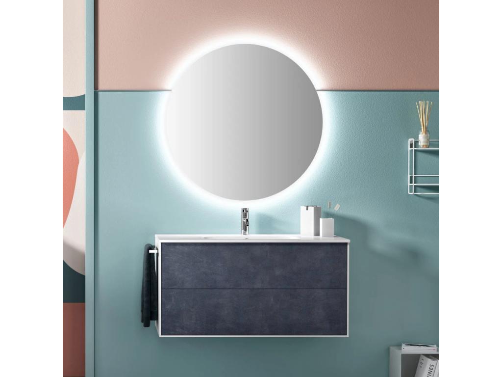 Lumenao bathroom vanity unit with 2 drawers, white and blue-grey lacquered finish, and illuminated mirror, 100cm wide, QKRD33896
