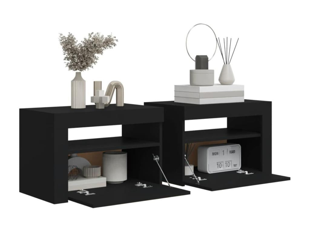 2-piece bedside tables with LED lights, black, 60x35x40 cm, VHJH27623