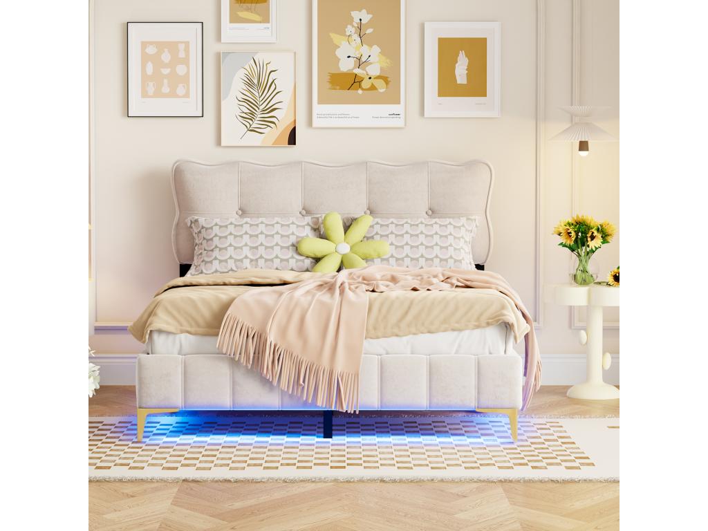 Adult bed in velvet fabric, double bed with tufted upholstery, LED lighting, Lumenao slatted base, headboard, high metal legs, beige, 140x200cm, FUUK53298