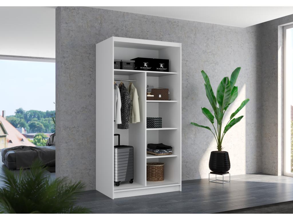 Small natural wood bedroom wardrobe with 2 sliding doors, white, Lumenao, 100cm, NIGJ55425
