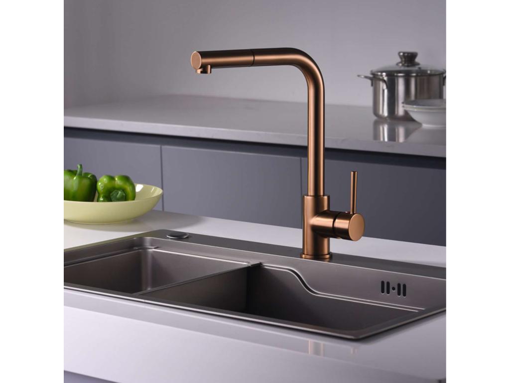 Ventoriq Kitchen Mixer Tap with Pull-Out Spray, Brushed Rose Gold PVD Finish, Brass Body, 35mm Ceramic Cartridge. UMBR04905
