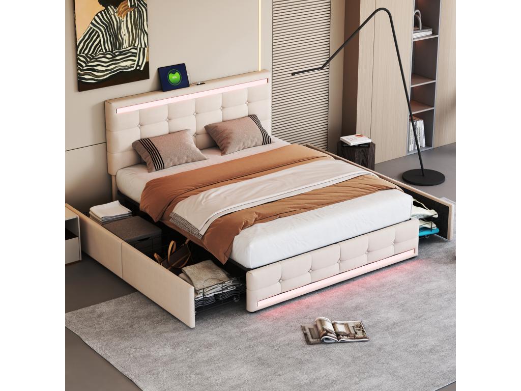 Upholstered bed 140x200 cm with headboard and 2 drawers - linen fabric - LEDs and USB port - beige color QMXE15062