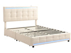 Upholstered bed 140x200 cm with headboard and 2 drawers - linen fabric - LEDs and USB port - beige color QMXE15062
