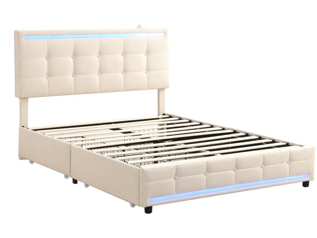 Upholstered bed 140x200 cm with headboard and 2 drawers - linen fabric - LEDs and USB port - beige color QMXE15062