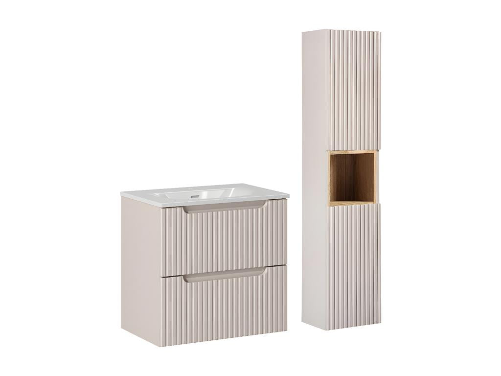 Lumenao Cashmere and Wood KKNE96177 Single Vanity Unit with Built-in Sink, 60cm, 2 Drawers and Tall Cabinet