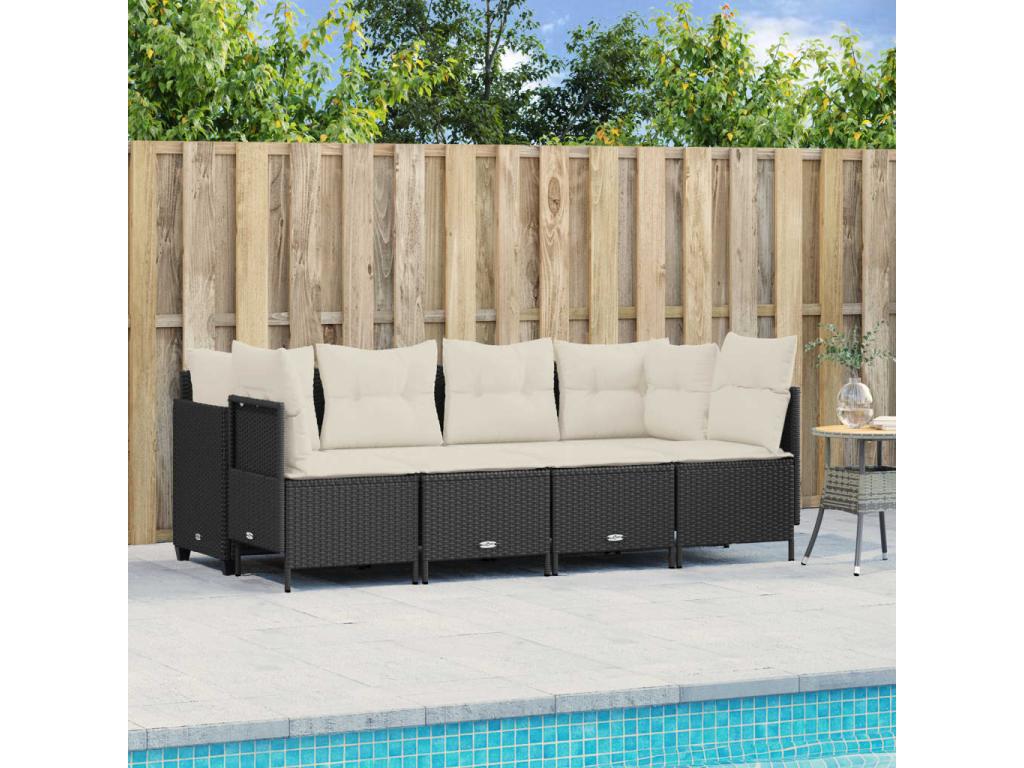 5-piece garden furniture set with cushions, black woven resin YJFA42558