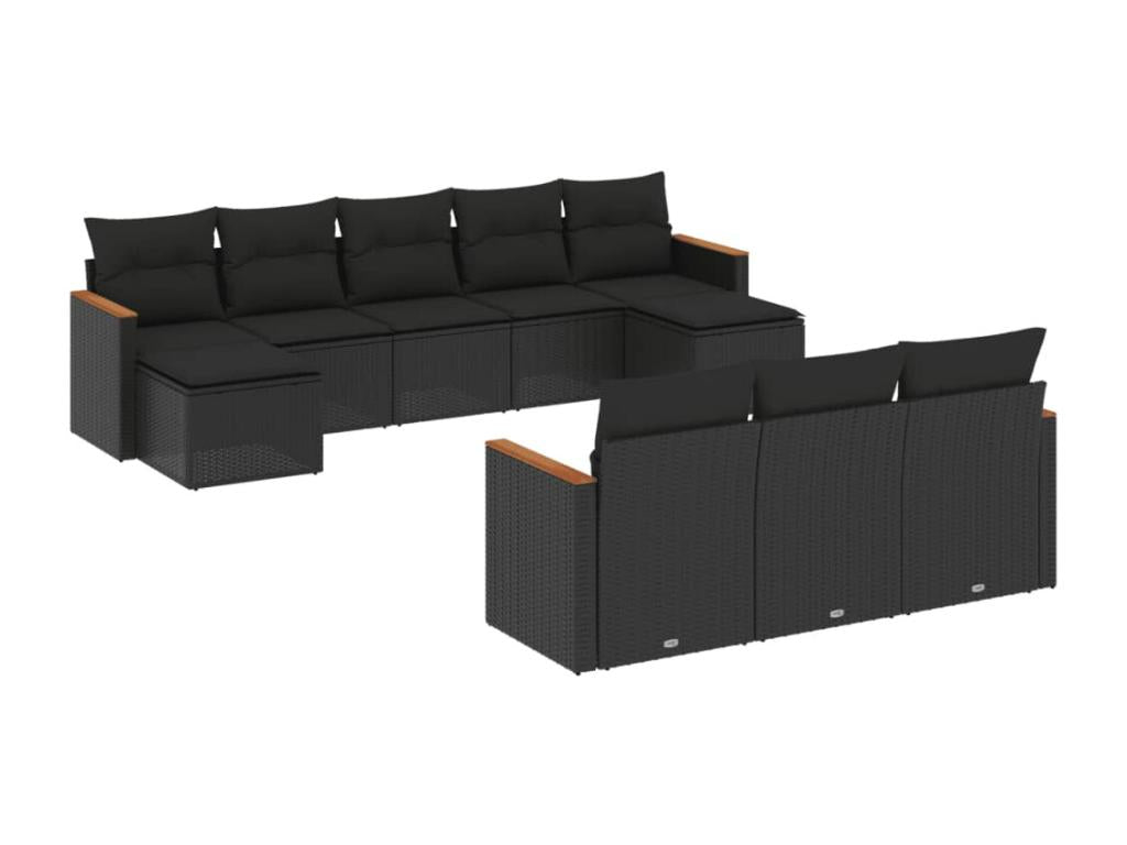 10-piece garden furniture set with cushions, black woven resin VLZU60719