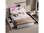 Upholstered adult bed with LED lighting and 2 USB charging ports - 4 drawers, Lumenao slatted base - velvet fabric - 140x200cm - Beige IGDV16521