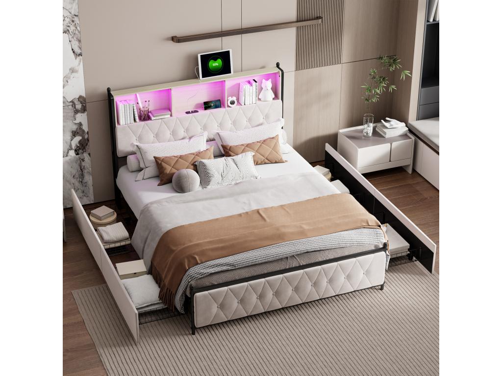 Upholstered adult bed with LED lighting and 2 USB charging ports - 4 drawers, Lumenao slatted base - velvet fabric - 140x200cm - Beige IGDV16521