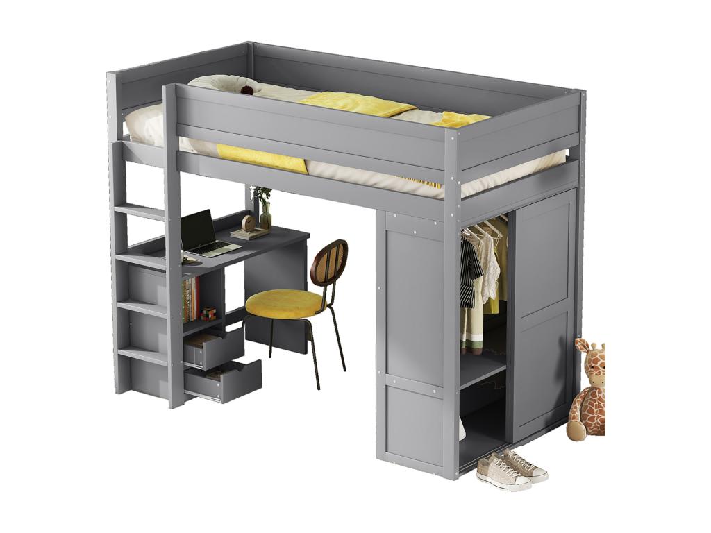 Multifunctional grey children's bed 90 x 200cm bunk bed with wardrobe, desk and drawers UGHW76884