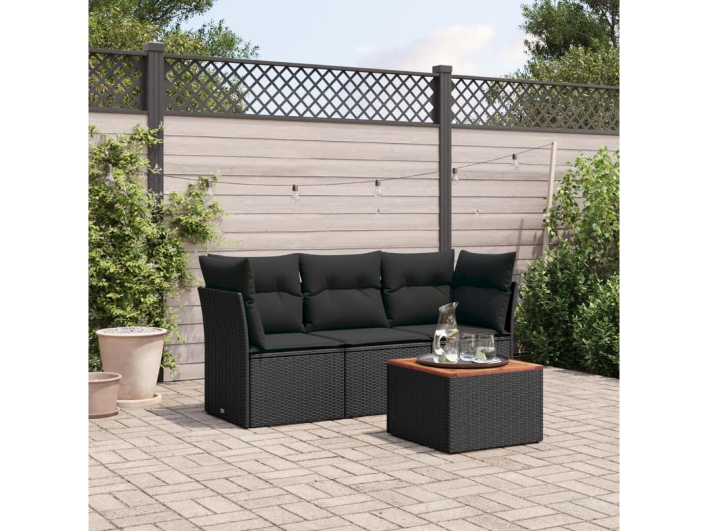 4-piece garden furniture set with cushions, black woven resin ZSOS13520
