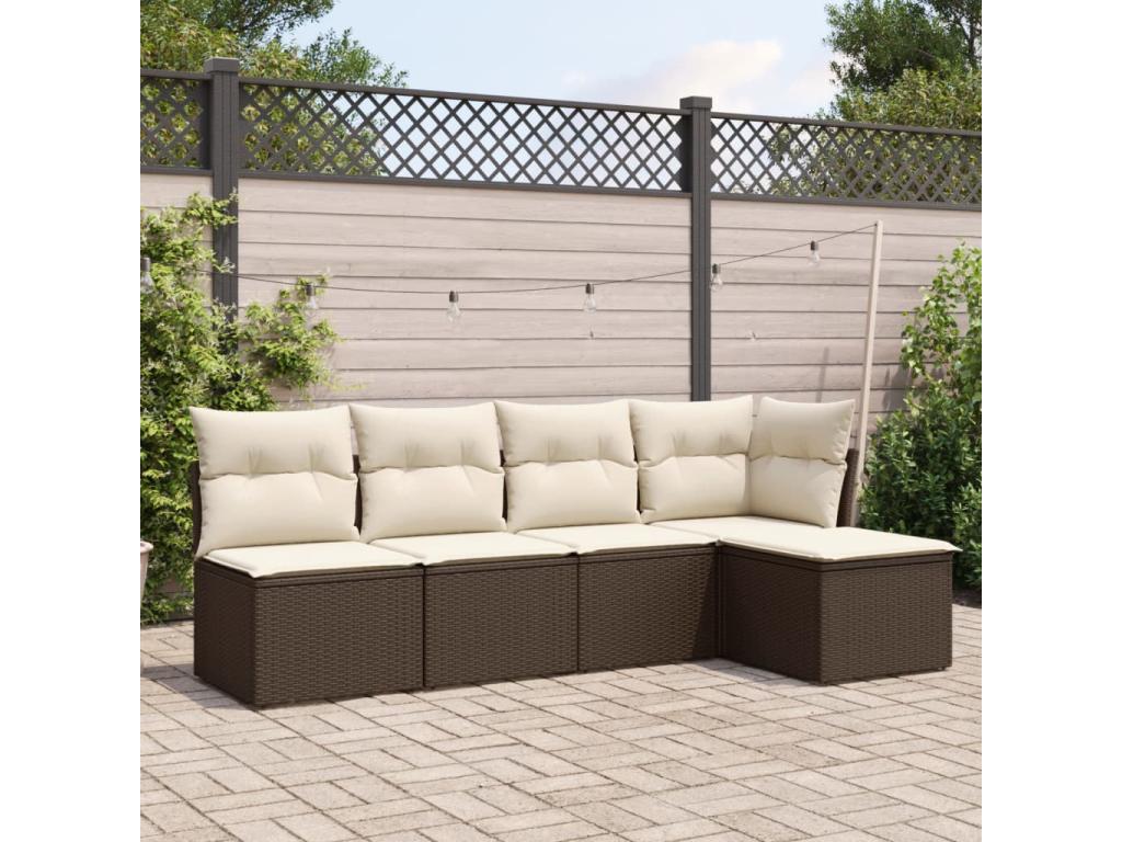 5-piece garden furniture set with cushions, brown woven resin TUFJ19586