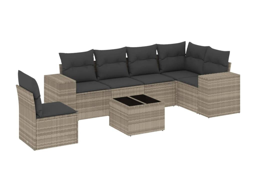 7-piece garden furniture set with cushions, light grey woven resin YMME18463