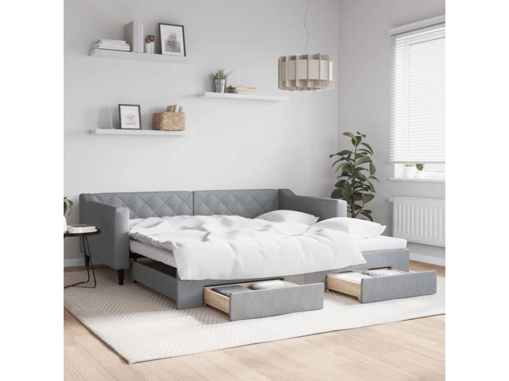 Daybed with pull-out bed and drawers, light grey, 100x200 cm, fabric EWPZ44982